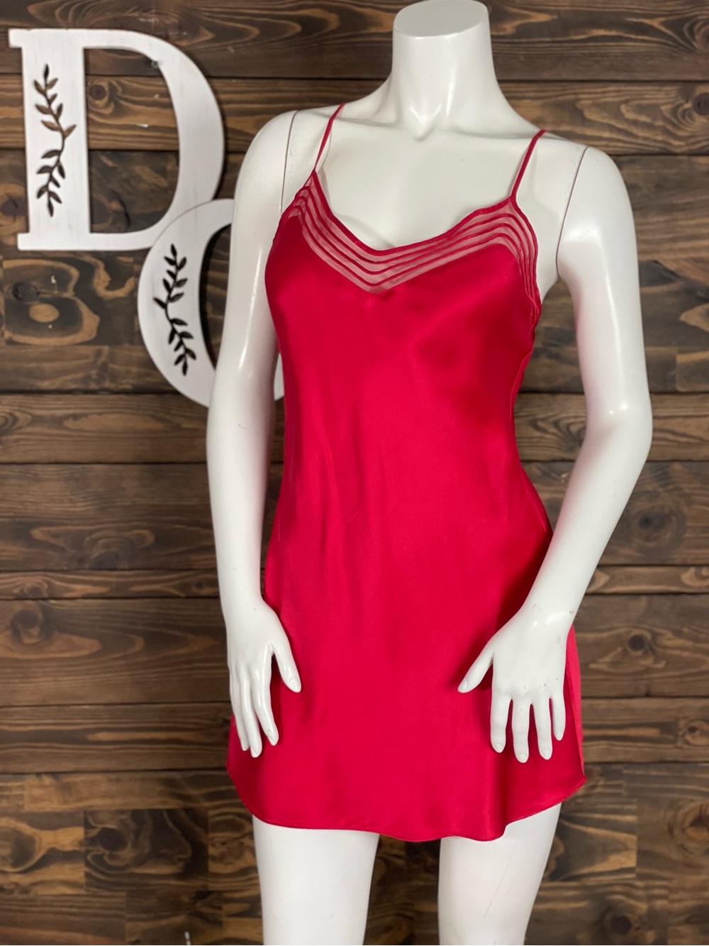 Victoria's Secret SILK Cherry Red Satin Chemise Sheer Stripe Detail Short Dress